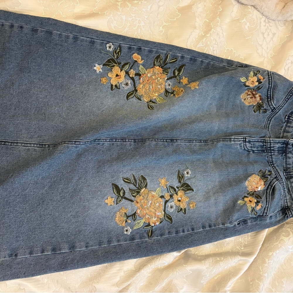 Floral Embroidered Embellished Denim Midi Skirt - Picture 3 of 5